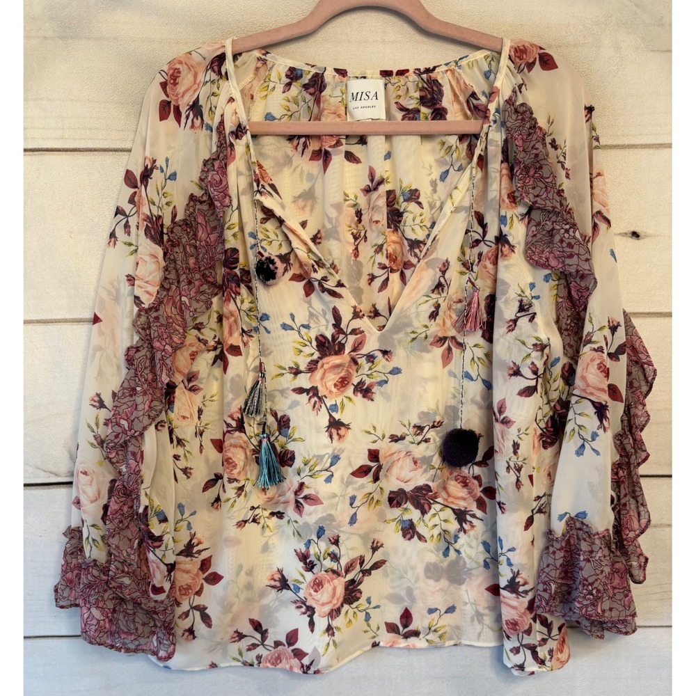 MISA Los Angeles Floral Ruffle Tassel Blouse Cream Pink Large Boho Rose Top